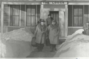 mowa 2 pics walking out of lodge and two camerament in winter